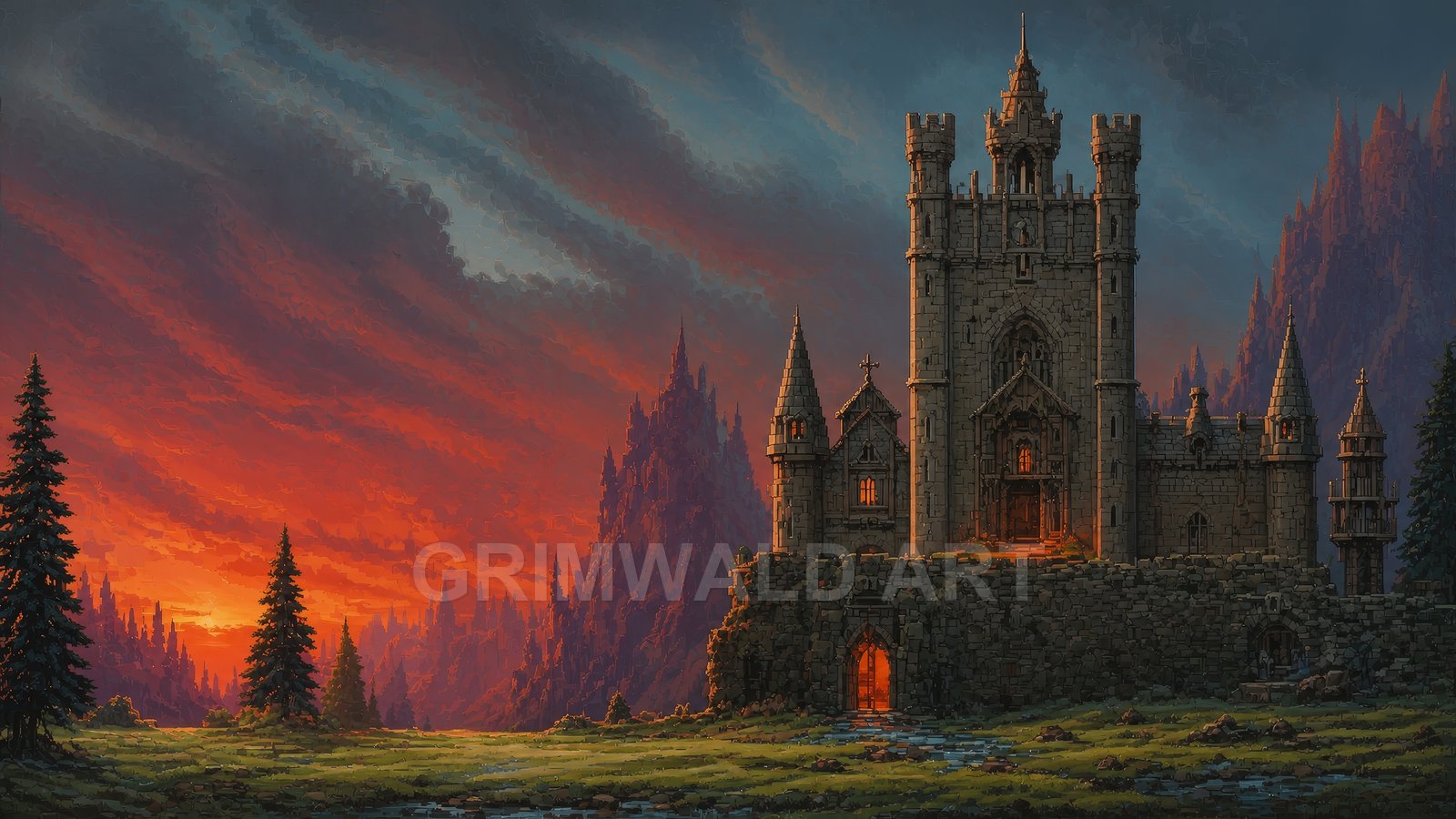 Stone castle with glowing orange windows stands on a rocky rise amid pine trees, beneath a dramatic red sunset sky and distant jagged mountains.