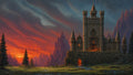 GRID THUMBNAIL — Stone castle with glowing orange windows stands on a rocky rise amid pine trees, beneath a dramatic red sunset sky and distant jagged mountains.
