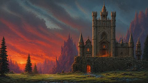 GRID THUMBNAIL — Stone castle with glowing orange windows stands on a rocky rise amid pine trees, beneath a dramatic red sunset sky and distant jagged mountains.