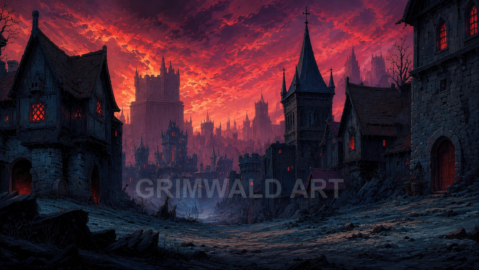Dark medieval city with towering spires and castles under a blazing red sunset, deserted cobbled street, ember-lit windows, brooding atmosphere.