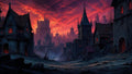 GRID THUMBNAIL — Dark medieval city with towering spires and castles under a blazing red sunset, deserted cobbled street, ember-lit windows, brooding atmosphere.