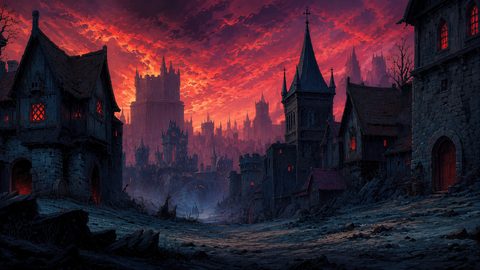 GRID THUMBNAIL — Dark medieval city with towering spires and castles under a blazing red sunset, deserted cobbled street, ember-lit windows, brooding atmosphere.
