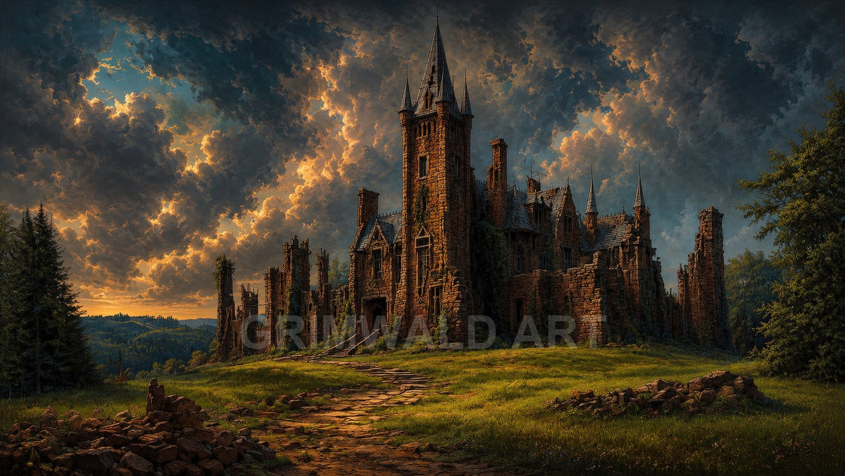 An ivy-clad ruined stone castle with tall spires stands on a grassy hill beneath dramatic golden sunset clouds, approached by a winding path.