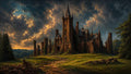 GRID THUMBNAIL — An ivy-clad ruined stone castle with tall spires stands on a grassy hill beneath dramatic golden sunset clouds, approached by a winding path.