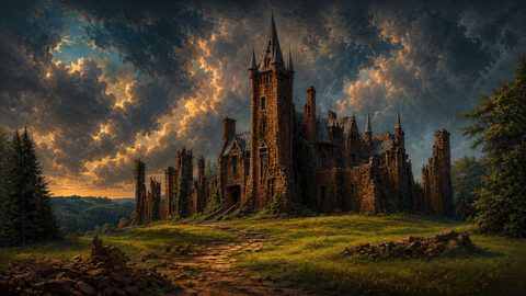 GRID THUMBNAIL — An ivy-clad ruined stone castle with tall spires stands on a grassy hill beneath dramatic golden sunset clouds, approached by a winding path.