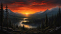 GRID THUMBNAIL — A fiery orange sunset illuminates a winding river through dense pine forest and distant mountains, with reflective water and dramatic cloud layers.