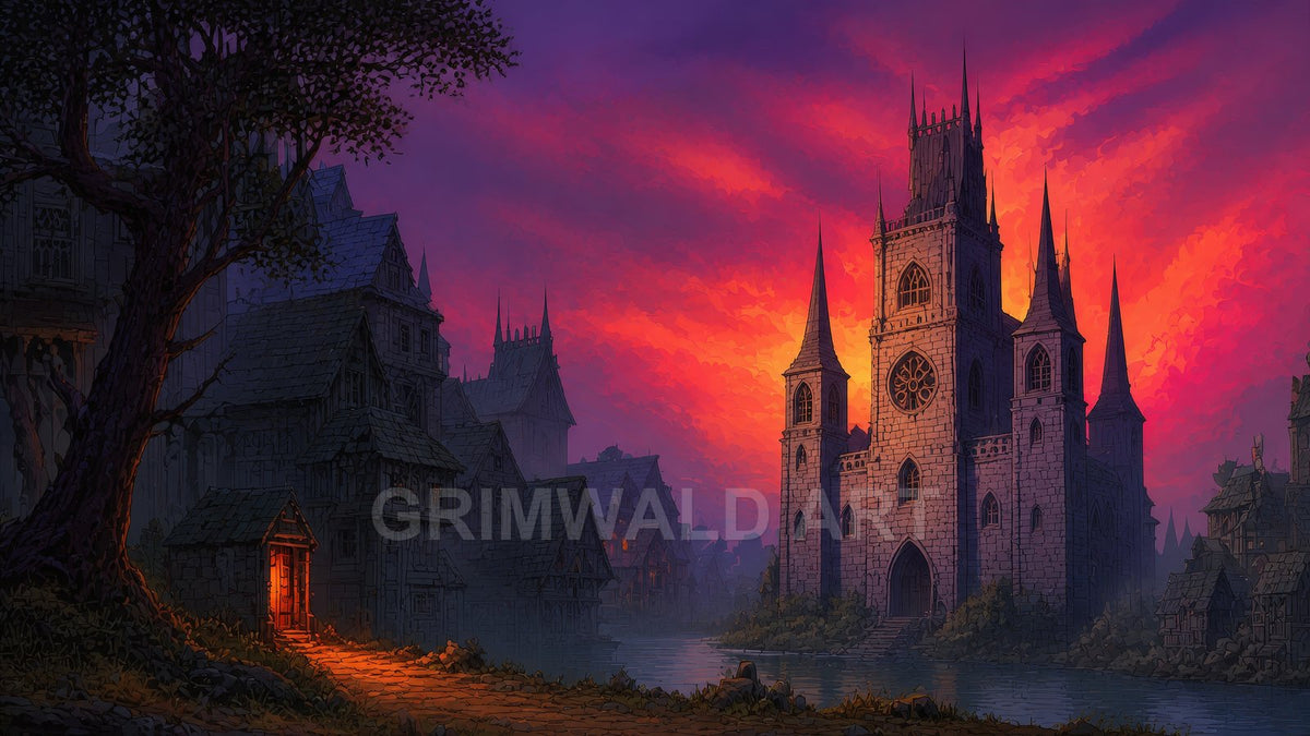 Gothic cathedral with tall spires beside a river, medieval timber houses and a tree in shadow, under a dramatic orange and purple sunset sky.
