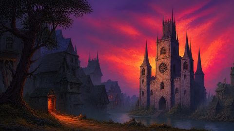 GRID THUMBNAIL — Gothic cathedral with tall spires beside a river, medieval timber houses and a tree in shadow, under a dramatic orange and purple sunset sky.