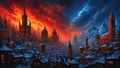 GRID THUMBNAIL — Snow-dusted gothic city of towers glows with warm windows beneath a fiery sunset sky, with looming mountains under cold blue twilight.