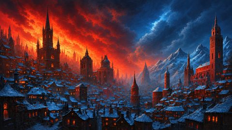 GRID THUMBNAIL — Snow-dusted gothic city of towers glows with warm windows beneath a fiery sunset sky, with looming mountains under cold blue twilight.