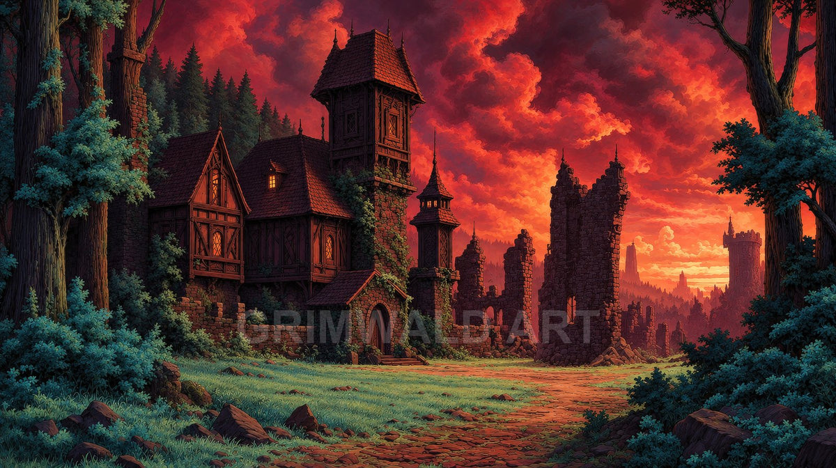 Woodland clearing with medieval stone ruins and a timber watchtower under a dramatic red-orange sunset sky and looming clouds.