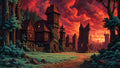 GRID THUMBNAIL — Woodland clearing with medieval stone ruins and a timber watchtower under a dramatic red-orange sunset sky and looming clouds.