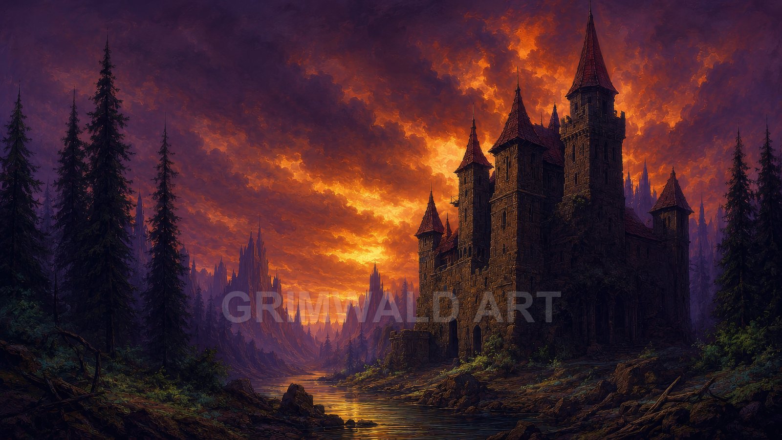 Stone castle with tall red-roofed towers beside a reflective river, framed by dark pine forest and jagged mountains under a fiery sunset sky.