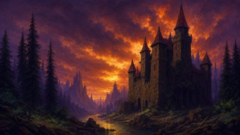 GRID THUMBNAIL — Stone castle with tall red-roofed towers beside a reflective river, framed by dark pine forest and jagged mountains under a fiery sunset sky.
