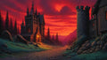 GRID THUMBNAIL — A cobbled road curves past a stone castle and lone tower through dark pines, beneath a vivid red sunset sky and distant mountain silhouettes.