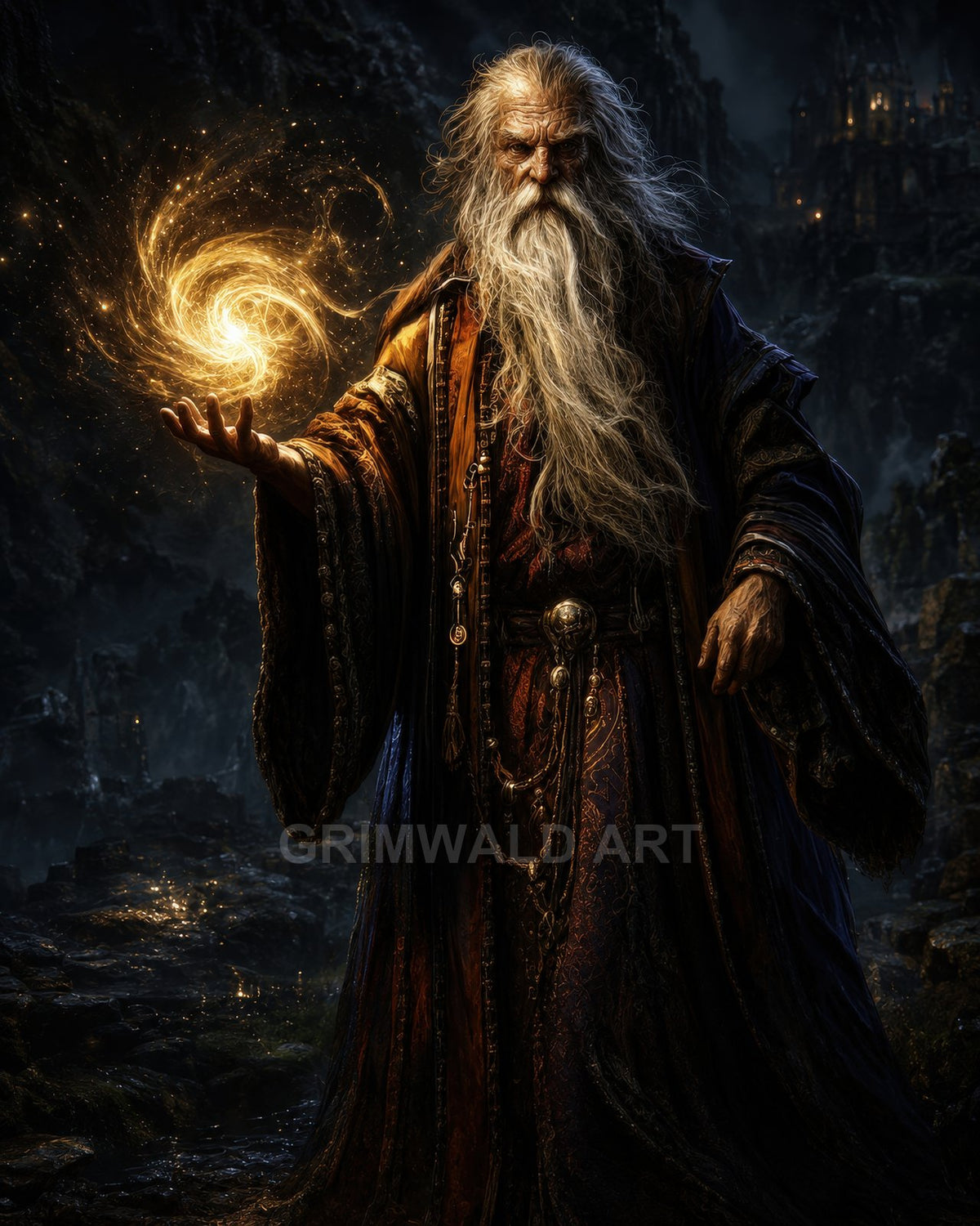 An elderly bearded wizard in ornate robes conjures a glowing golden vortex in his hand, standing before a dark, mountainous castle at night.
