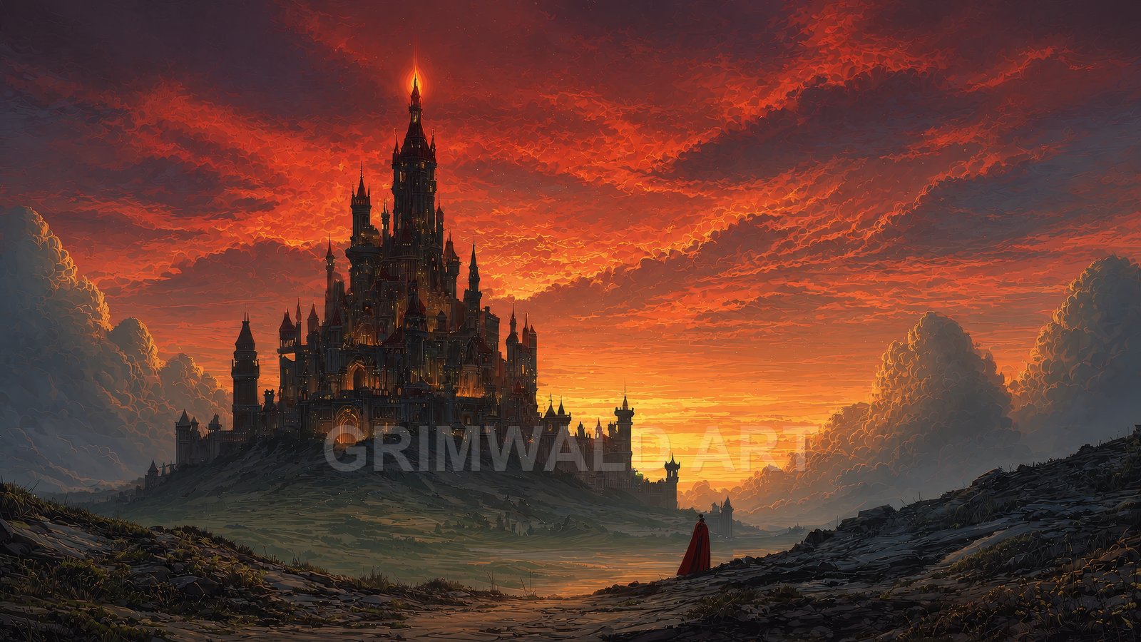 Vast fantasy castle with glowing windows under a blazing orange sunset sky, viewed across a rocky valley with a small cloaked figure in the foreground.