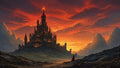 GRID THUMBNAIL — Vast fantasy castle with glowing windows under a blazing orange sunset sky, viewed across a rocky valley with a small cloaked figure in the foreground.