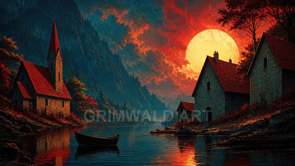 Quiet lakeside village with stone cottages and chapel spire beneath a vast orange sun, calm reflective water, dark mountains, and a wooden boat.