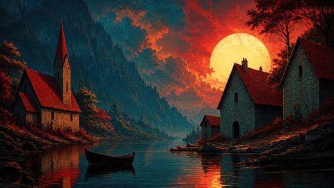 GRID THUMBNAIL — Quiet lakeside village with stone cottages and chapel spire beneath a vast orange sun, calm reflective water, dark mountains, and a wooden boat.