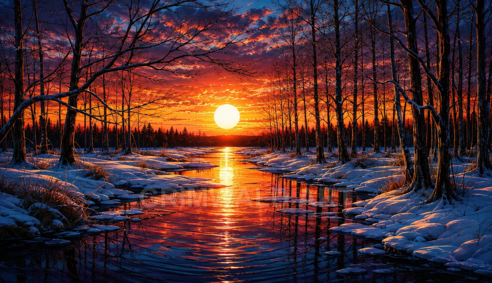 Glowing sunset over a snow-lined river between bare winter trees, fiery sky reflecting on rippling water in a tranquil woodland scene.