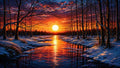 GRID THUMBNAIL — Glowing sunset over a snow-lined river between bare winter trees, fiery sky reflecting on rippling water in a tranquil woodland scene.