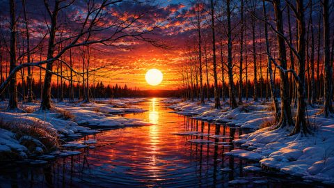 GRID THUMBNAIL — Glowing sunset over a snow-lined river between bare winter trees, fiery sky reflecting on rippling water in a tranquil woodland scene.