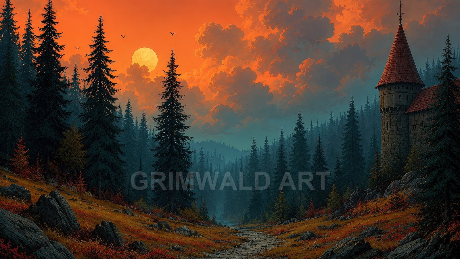 A winding stony path through a pine forest valley leads toward a round-towered castle at sunset, beneath dramatic orange clouds and distant birds.