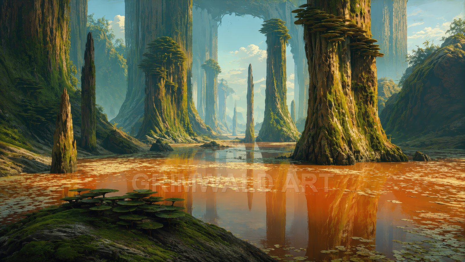 Towering moss-covered trees with tiered fungi rise from a red-orange swamp, mirrored in still water amid needle-like spires and hazy daylight.