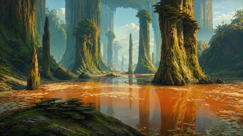 GRID THUMBNAIL — Towering moss-covered trees with tiered fungi rise from a red-orange swamp, mirrored in still water amid needle-like spires and hazy daylight.