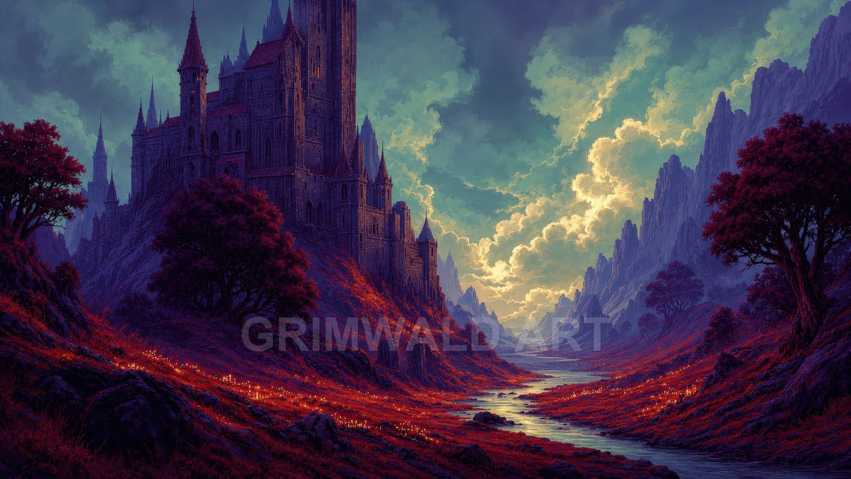 A towering gothic castle rises above a crimson valley with a winding river, framed by jagged mountains and dramatic golden-lit clouds at dusk.