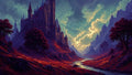 GRID THUMBNAIL — A towering gothic castle rises above a crimson valley with a winding river, framed by jagged mountains and dramatic golden-lit clouds at dusk.