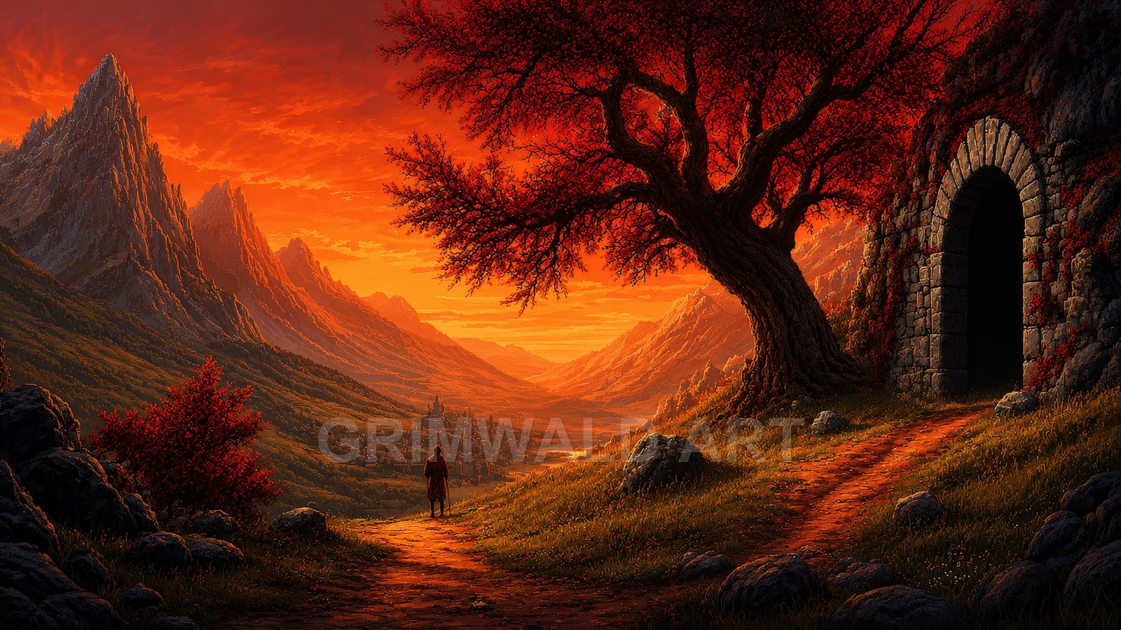 Fiery sunset over a mountain valley with a distant castle town, a lone traveller on a path, and a gnarled tree beside a stone arch.
