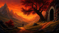 GRID THUMBNAIL — Fiery sunset over a mountain valley with a distant castle town, a lone traveller on a path, and a gnarled tree beside a stone arch.