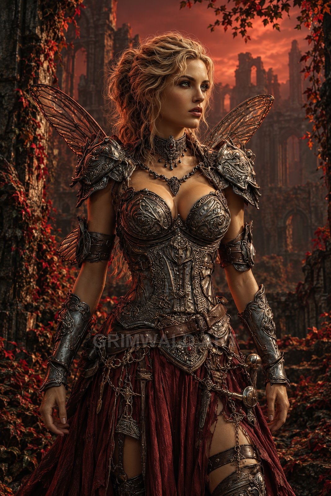 Armoured fairy warrior with filigreed metal corset and veined wings stands amid ivy-clad ruins at sunset, crimson foliage glowing around her.