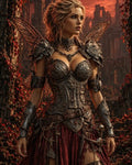 GRID THUMBNAIL — Armoured fairy warrior with filigreed metal corset and veined wings stands amid ivy-clad ruins at sunset, crimson foliage glowing around her.