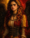 GRID THUMBNAIL — Fantasy portrait of a young woman with black feathered wings, red and gold dress, ornate corset and jewellery, set against a fiery background.