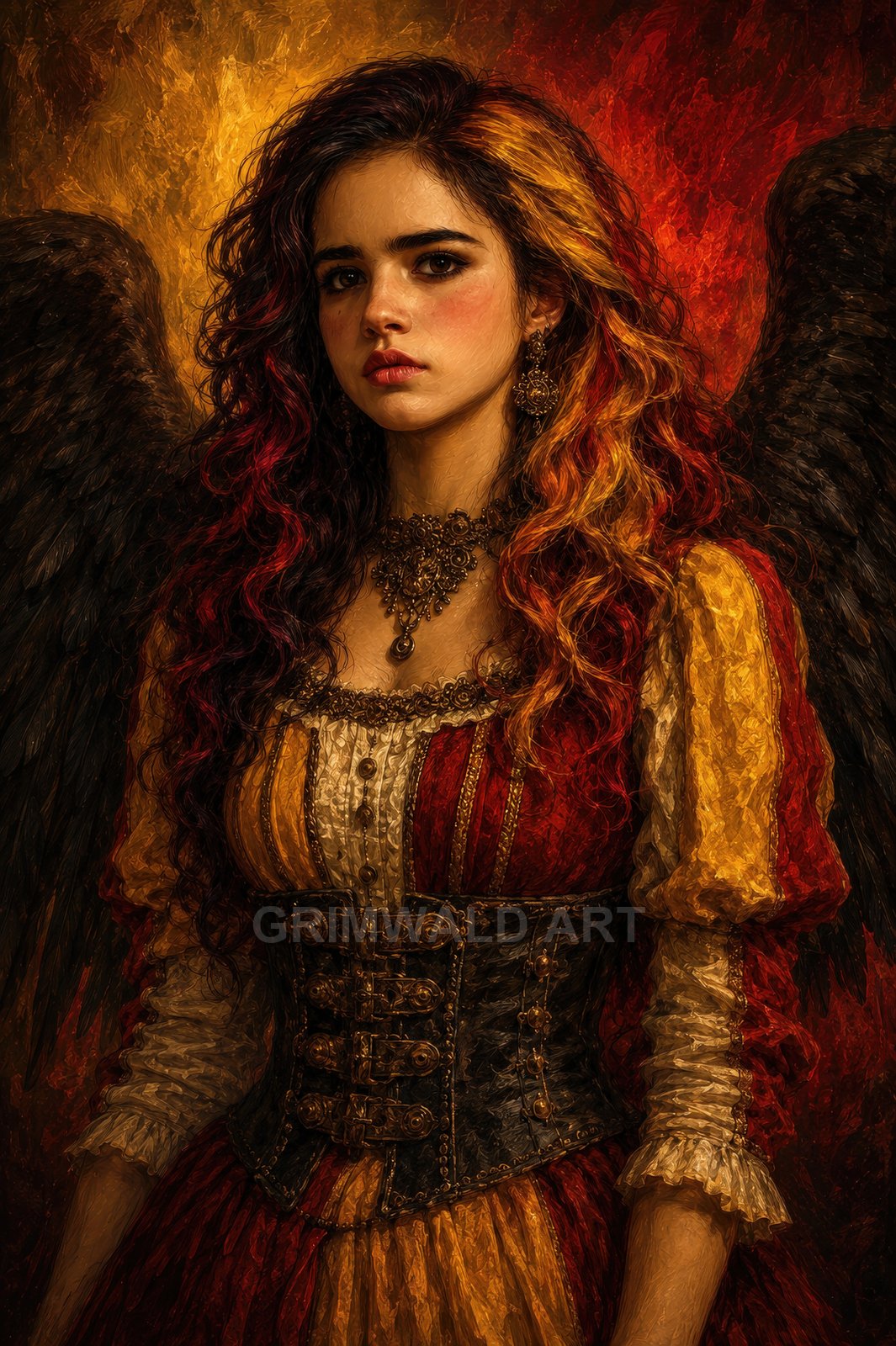 Firelit portrait of a solemn winged woman with black feathers, red-and-gold dress, ornate corset and jewellery, against a glowing painterly backdrop.
