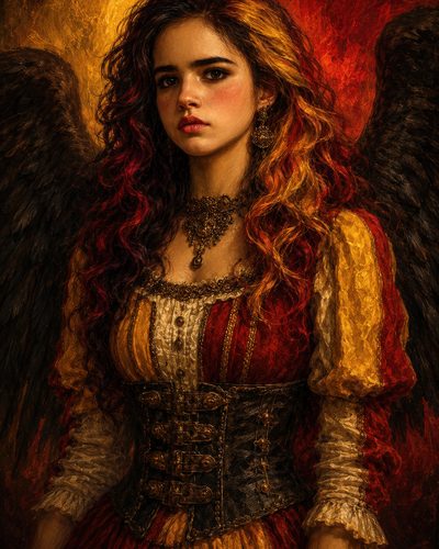 GRID THUMBNAIL — Firelit portrait of a solemn winged woman with black feathers, red-and-gold dress, ornate corset and jewellery, against a glowing painterly backdrop.