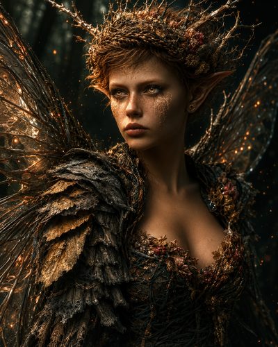 GRID THUMBNAIL — Close-up portrait of a female fairy with leaf armour and twig crown, glowing wings and golden face markings, in a dark forest.