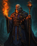 GRID THUMBNAIL — Older bald wizard conjuring bright orange flame, gripping ornate staff, in jewelled blue robes, firelit against shadowy ruins and teal mist.