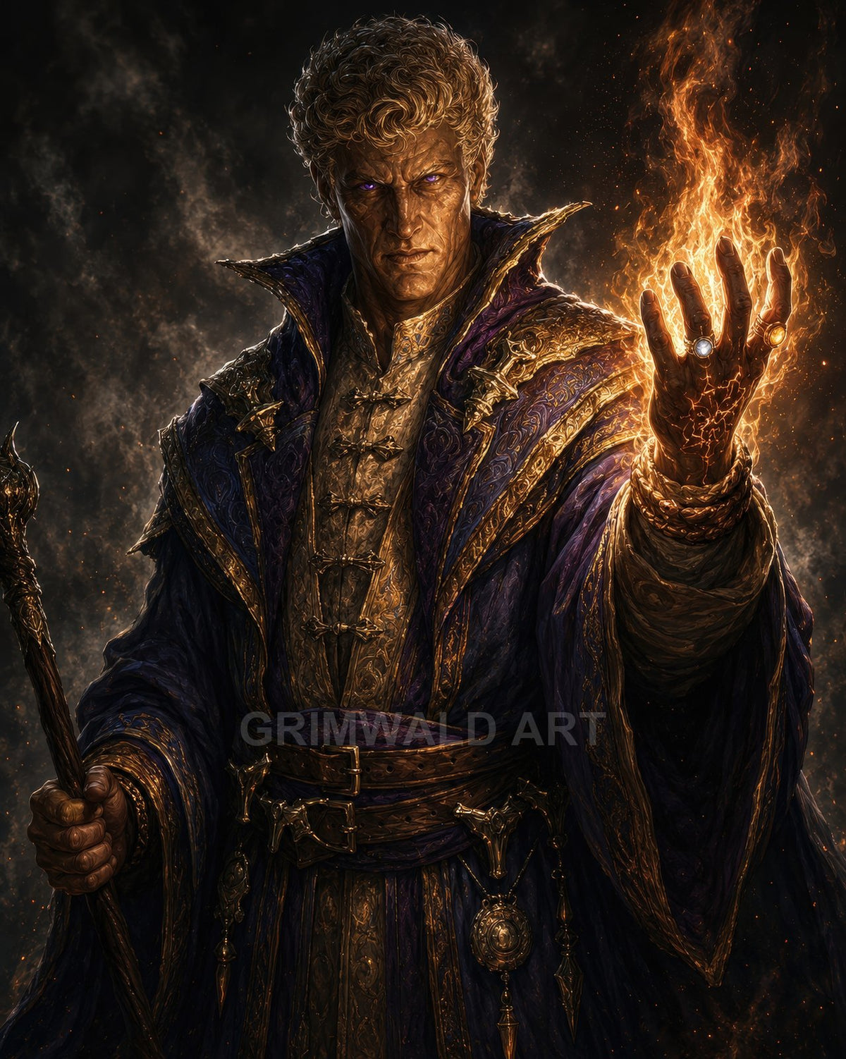 A stern male wizard in ornate purple and gold robes conjures blazing fire in his hand, holding a staff against a dark smoky backdrop.