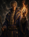 GRID THUMBNAIL — A stern male wizard in ornate purple and gold robes conjures blazing fire in his hand, holding a staff against a dark smoky backdrop.