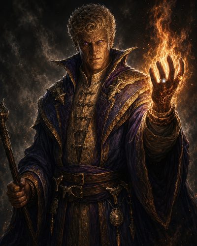 GRID THUMBNAIL — A stern male wizard in ornate purple and gold robes conjures blazing fire in his hand, holding a staff against a dark smoky backdrop.