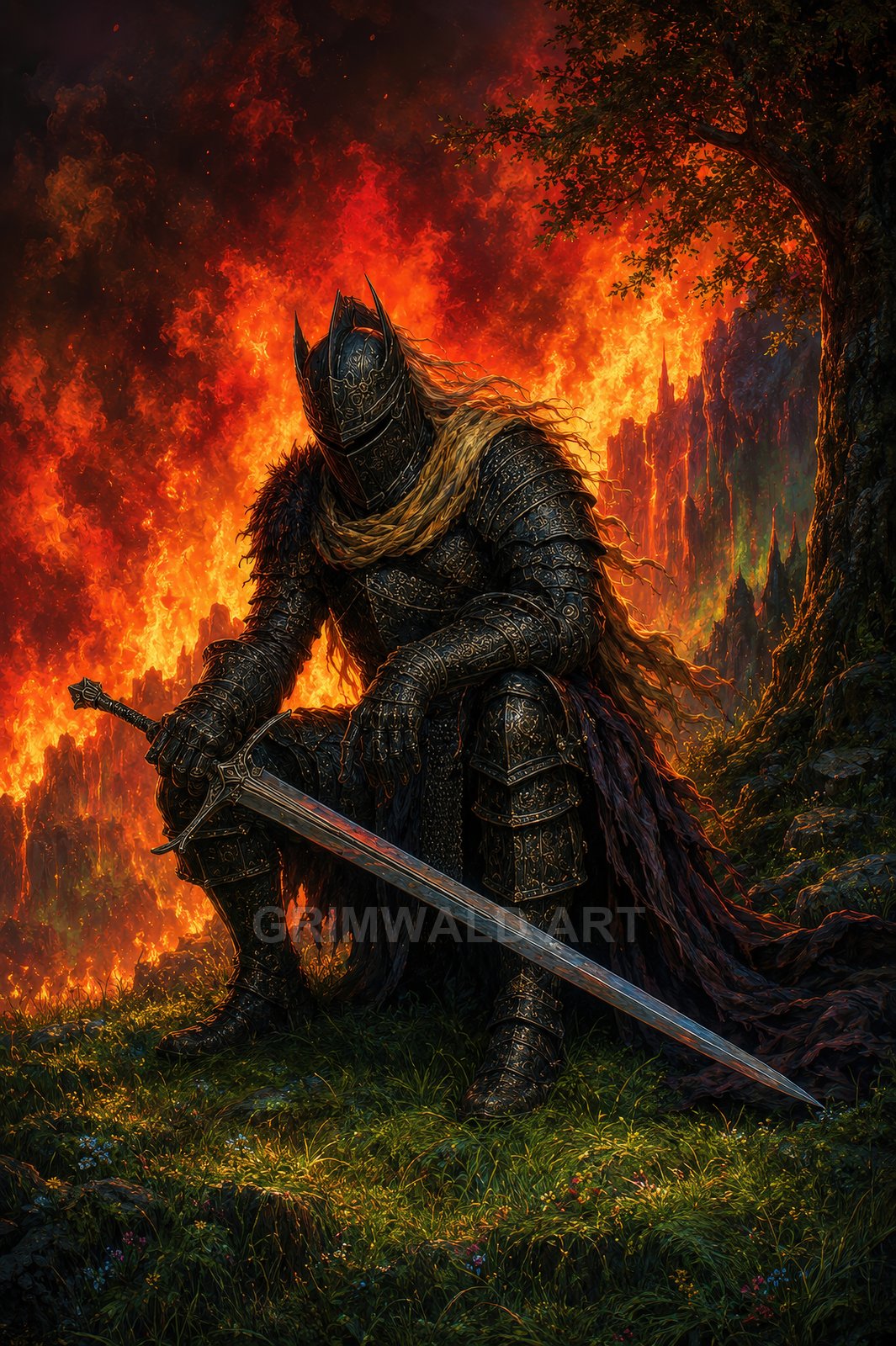 A black-armoured knight kneels on grass beneath a tree, gripping a longsword, silhouetted against towering orange flames and scorched cliffs.