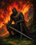 GRID THUMBNAIL — A black-armoured knight kneels on grass beneath a tree, gripping a longsword, silhouetted against towering orange flames and scorched cliffs.