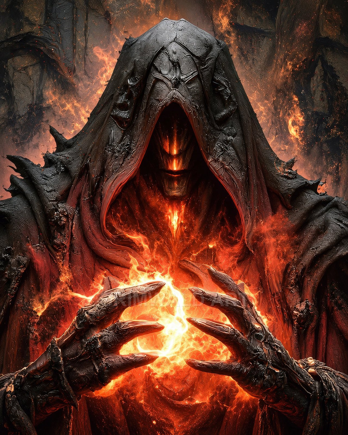 A hooded demonic figure with clawed gauntlets conjures a blazing fire orb, molten light glowing from its face amid burning cavern walls.