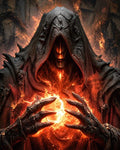 GRID THUMBNAIL — A hooded demonic figure with clawed gauntlets conjures a blazing fire orb, molten light glowing from its face amid burning cavern walls.