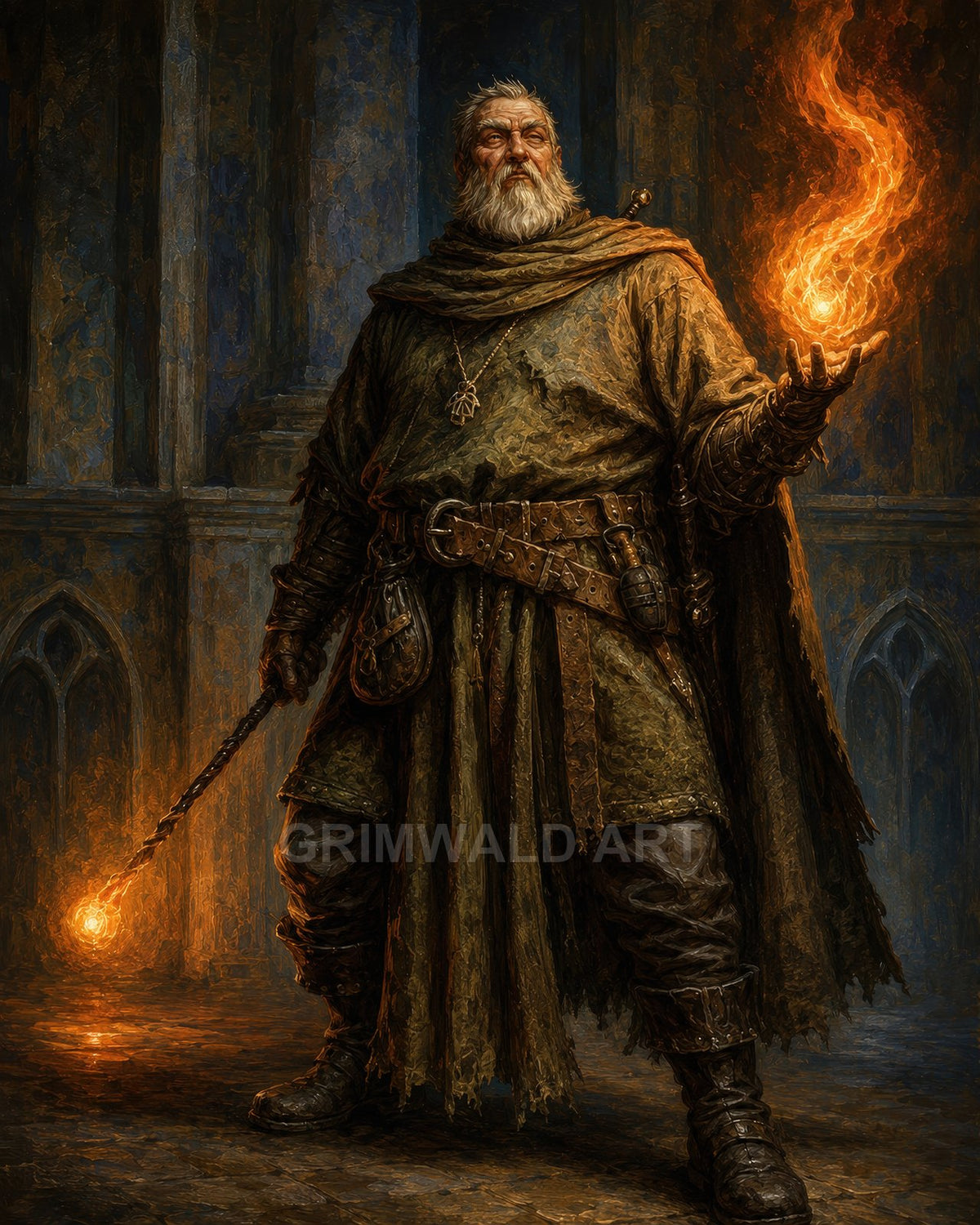 Grey-bearded wizard in tattered robes conjures a blazing fireball, staff aglow, standing in a dim, stone-arched cathedral interior.