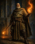GRID THUMBNAIL — Grey-bearded wizard in tattered robes conjures a blazing fireball, staff aglow, standing in a dim, stone-arched cathedral interior.